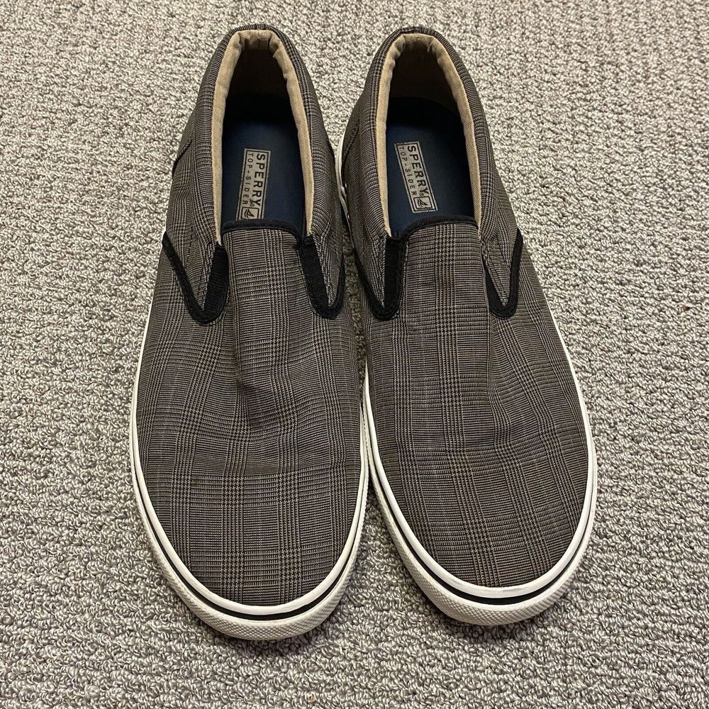Sperry Slip On Shoes Mens 13 Brown Plaid Fabric Casual Low Top Sneakers
